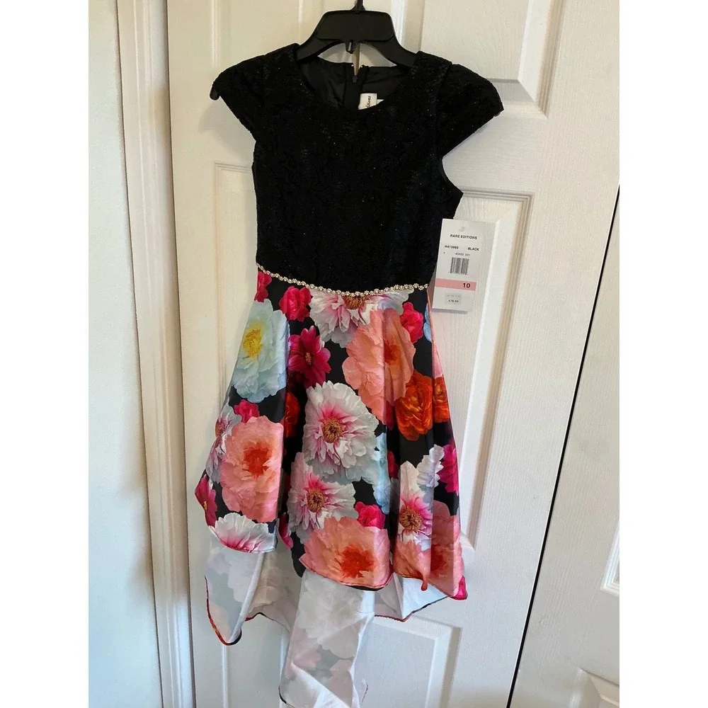 Rare Editions Girls Black Glitter Lace Floral Hi Low‎ Dress Size 10
